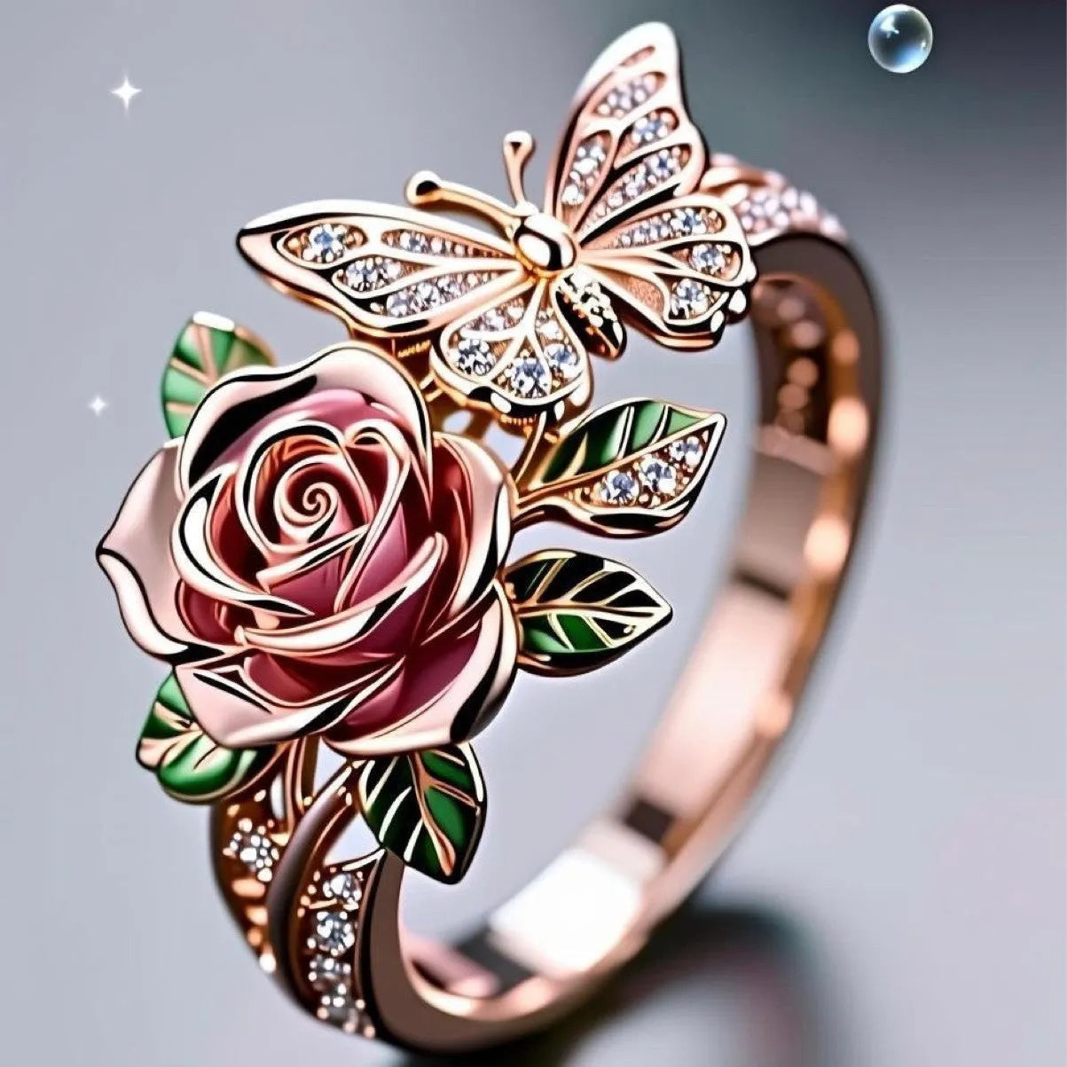 Colourful butterfly personality ring with oil drip finish and floral insect modelling on adjustable band