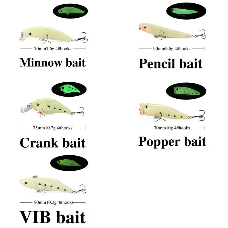 Set of five fluorescent 3D hard bait fishing lures with luminous design for submerged use