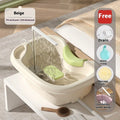 Portable plastic shampoo basin with head pad, circulating pump and massage brush for bed use.