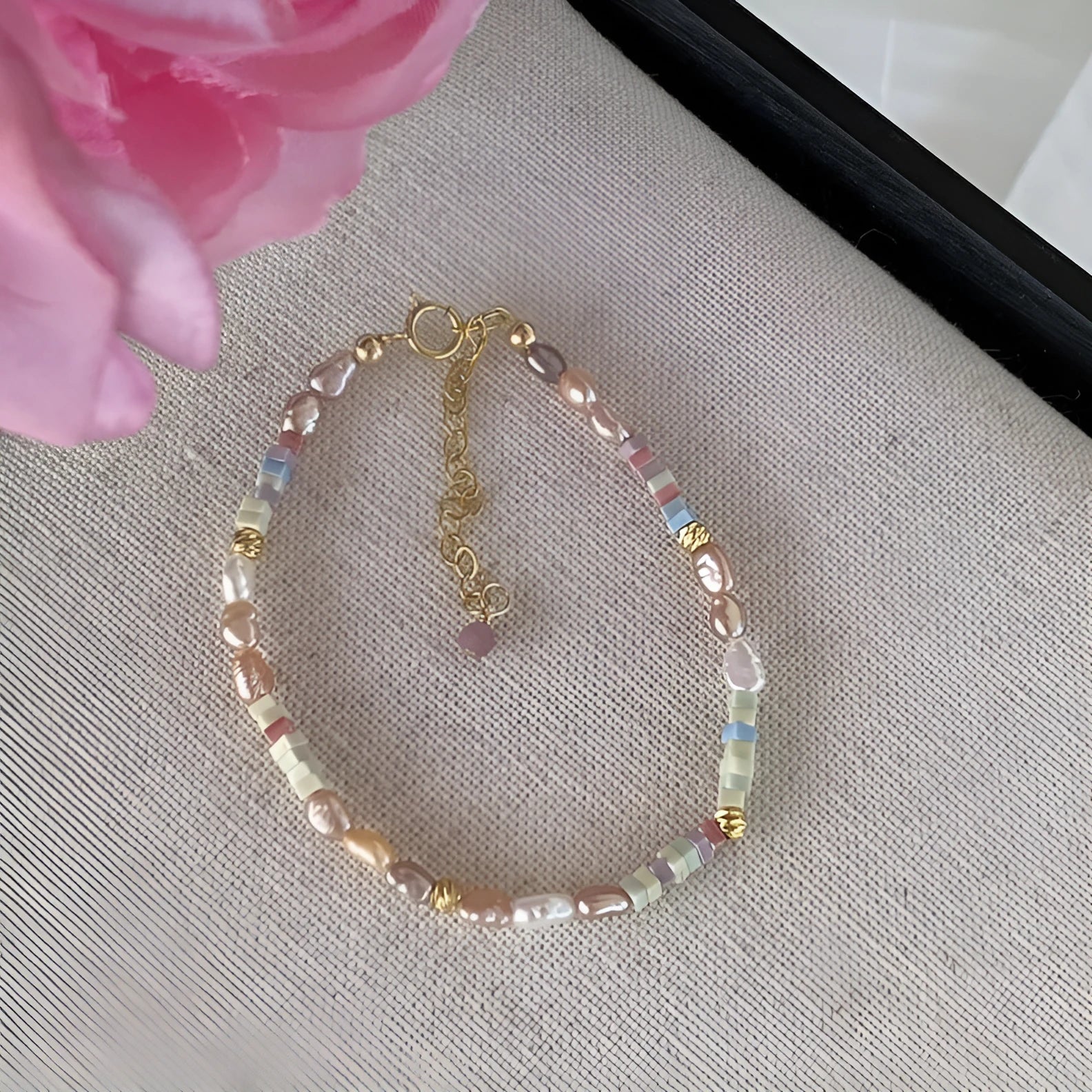 Natural pearl bracelet and necklace set with purple 14K gold accents and silver elements