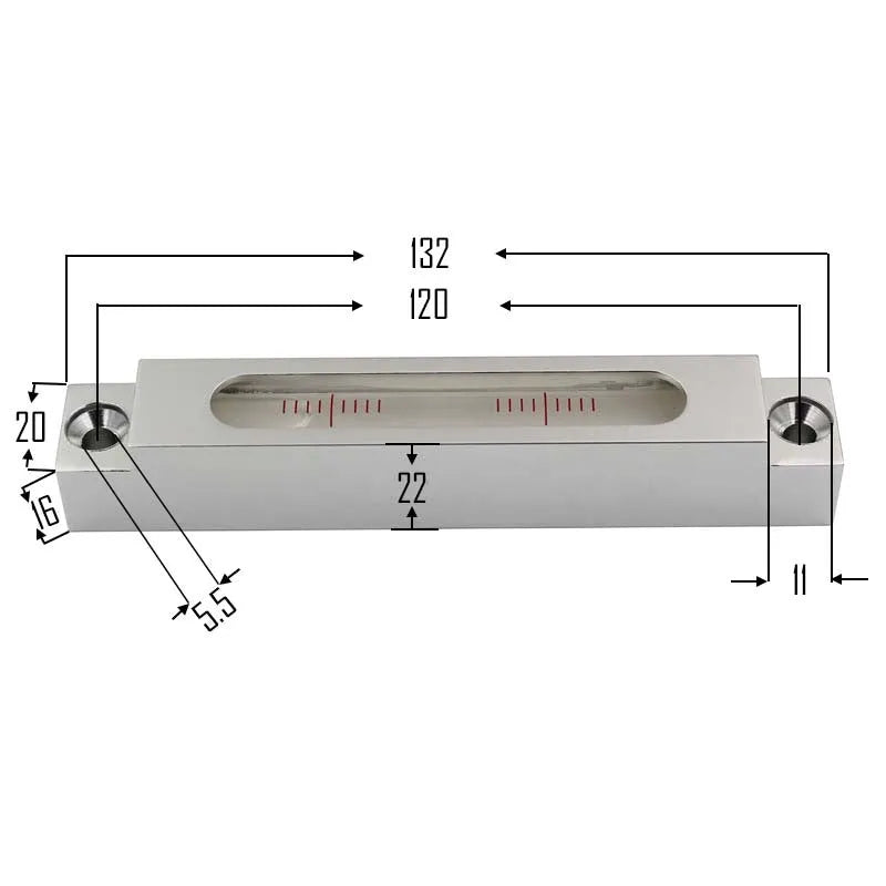 Miniature metal and glass spirit level for machine tool decoration with measurement scale
