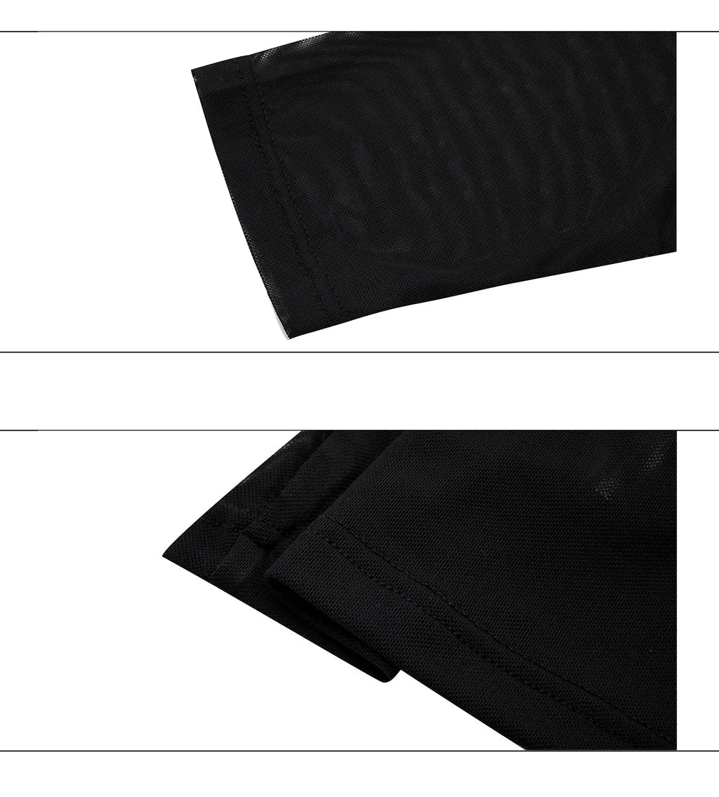 Men's black slim-fit long sleeve mesh shirt, a base layer made from polyester and spandex fabric.