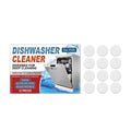 Pack of twelve white dishwasher cleaning tablets for removing grease and limescale.