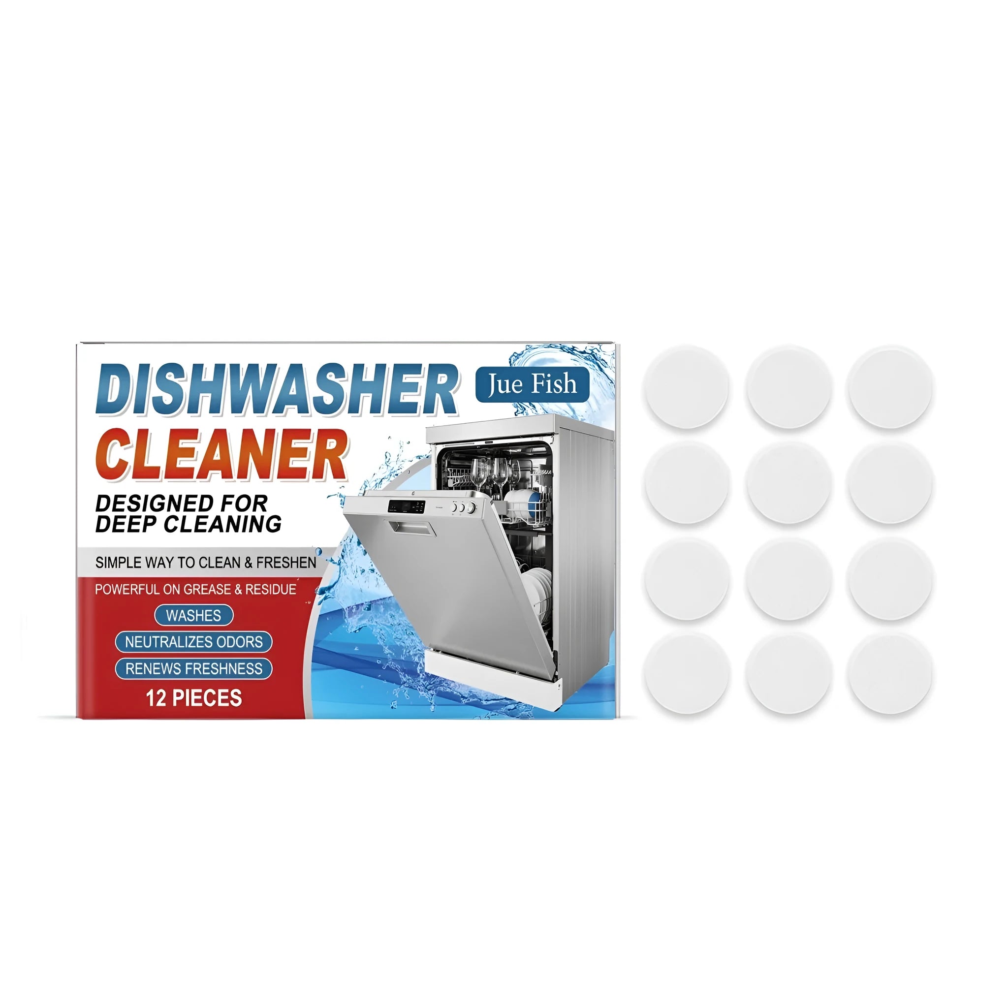 Pack of twelve white dishwasher cleaning tablets for removing grease and limescale.