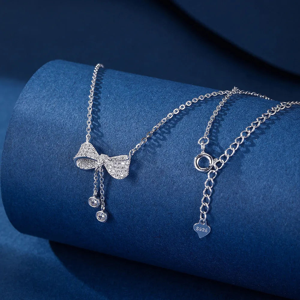 S925 sterling silver bow pendant necklace with O-ring chain, 40-45cm length