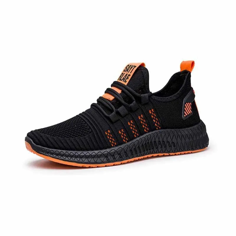 Men's black Flying Weave sports shoes with cross-strap design and low-top silhouette on white background