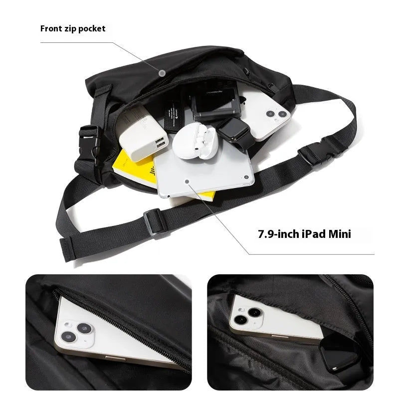 Black men's slanted chest bag made from Oxford fabric with 8-inch capacity and street trend style