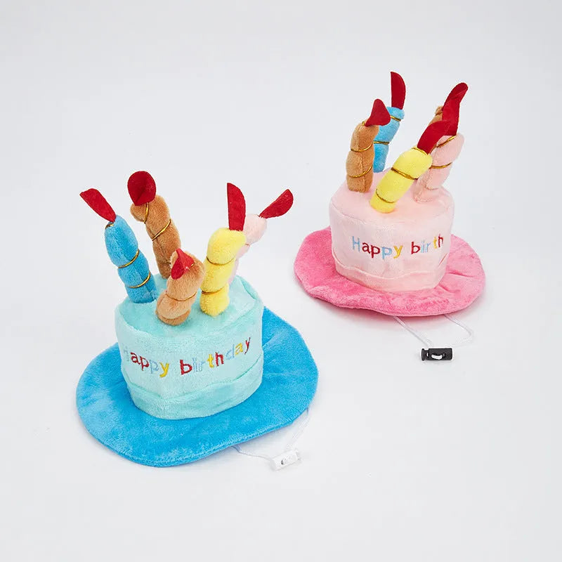 Blue and pink dog birthday hat for toy dogs measuring 21cm wide