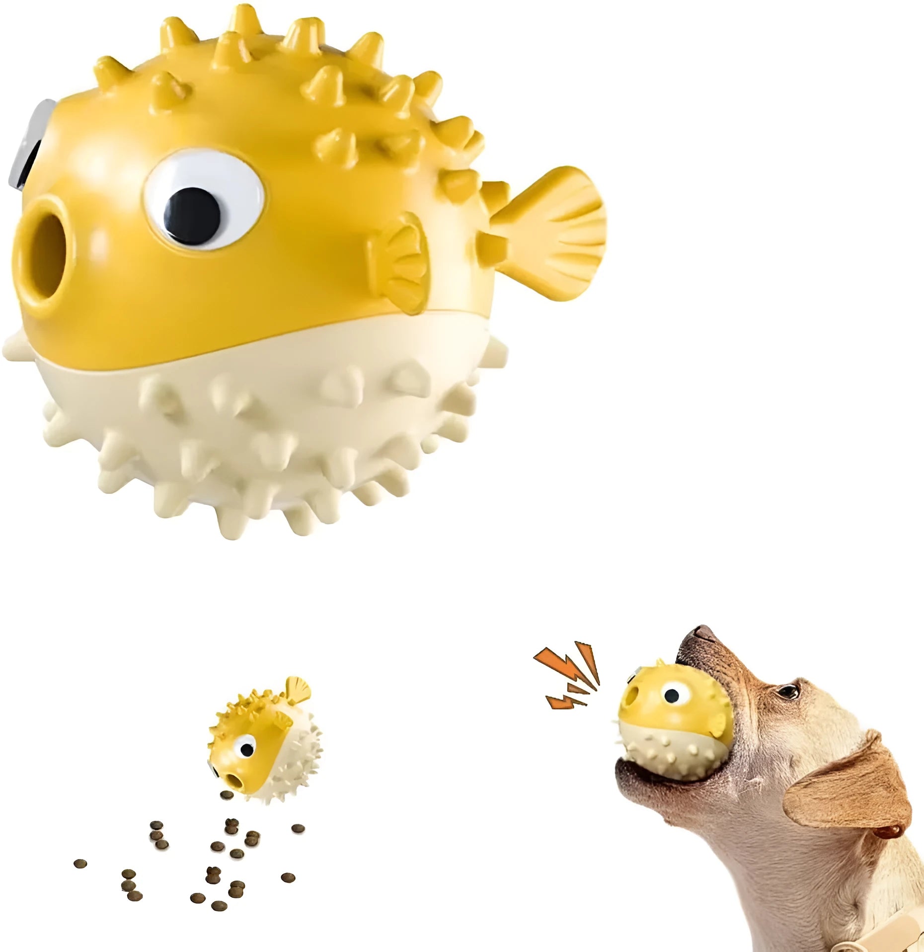 Green fish-shaped interactive dog chew toy with textured surface and internal bell.