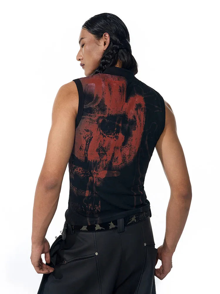 Black and white sleeveless t-shirt with half-turtleneck collar and character print, slim fit.