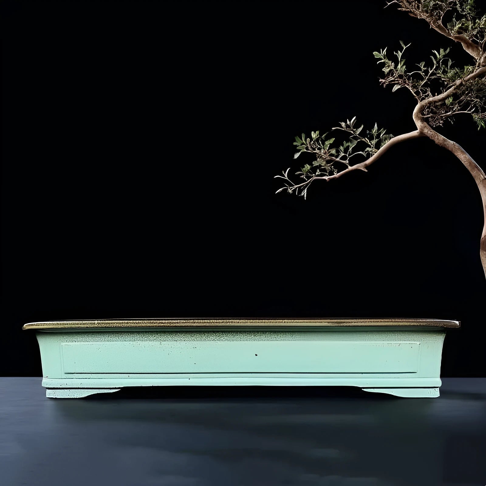 Green handmade ceramic bonsai flower pot with purple sand crackled glaze finish
