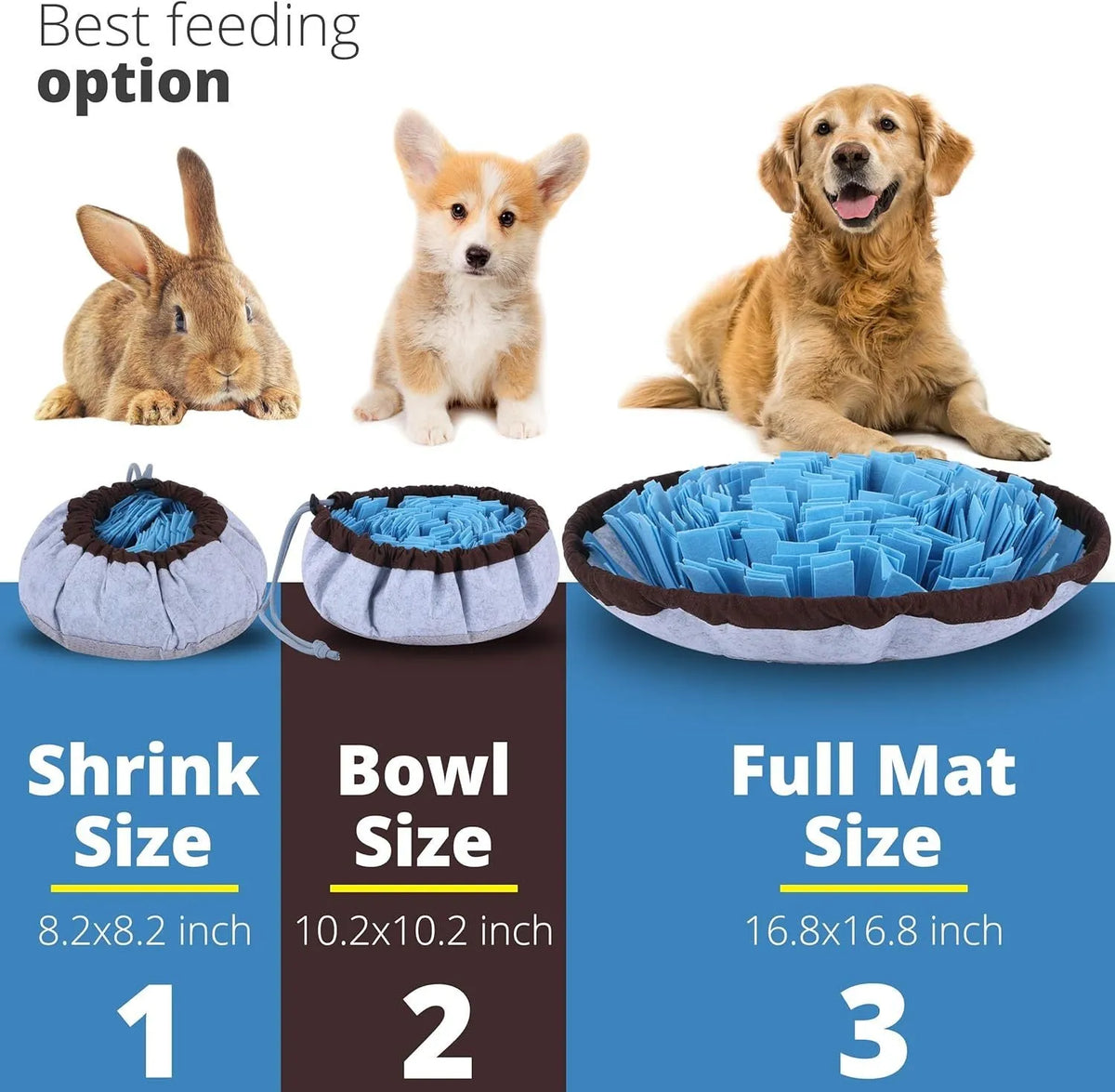 Adjustable blue dog snuffle mat with puzzle compartments for treat hiding and slow feeding