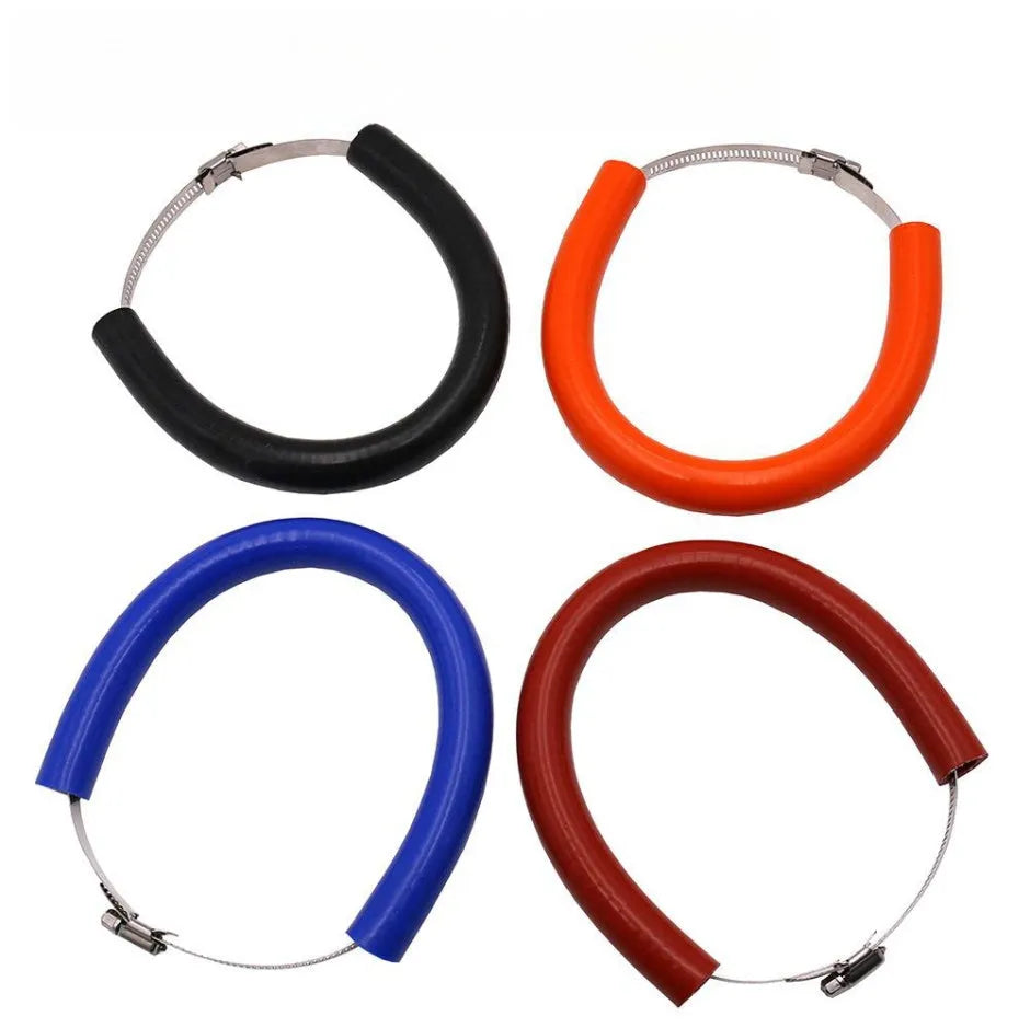 Universal motorcycle exhaust pipe gasket anti-drop ring in black, blue, and orange colours.