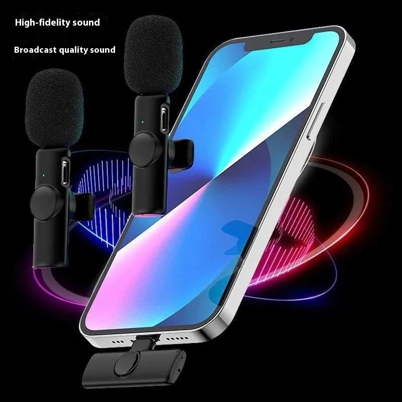 Wireless lapel microphone with clothing clip for smartphone video recording.