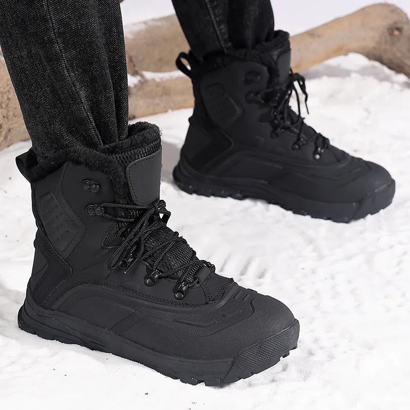Black fleece-lined men's high-top boots with tall crown and lace-up front