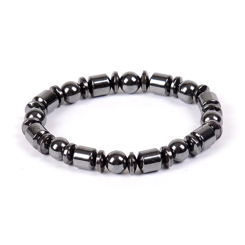 Black magnetic therapy bracelet with a pentagram stone design made from magnetite and hematite.
