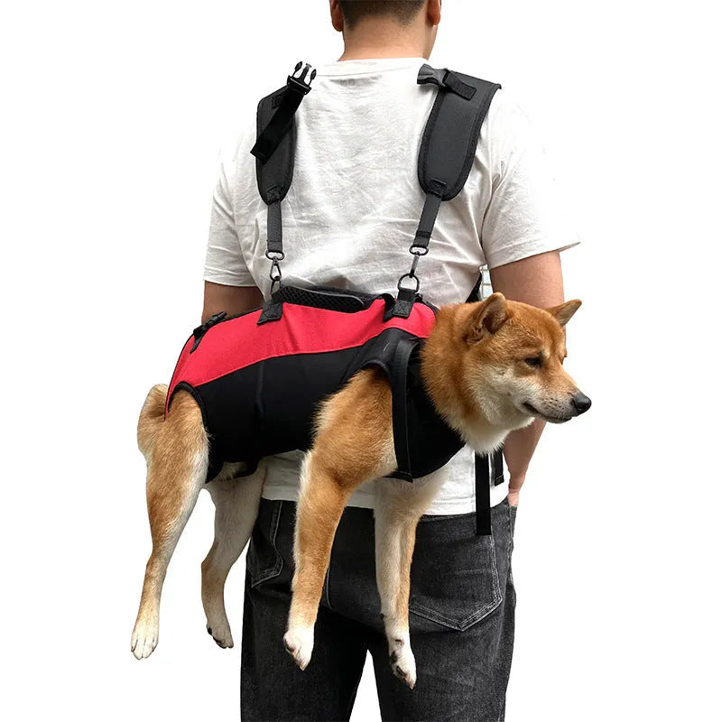 Soft Oxford cloth pet backpack shown in black, functioning as both a carrier and an emergency walking stretcher for dogs.