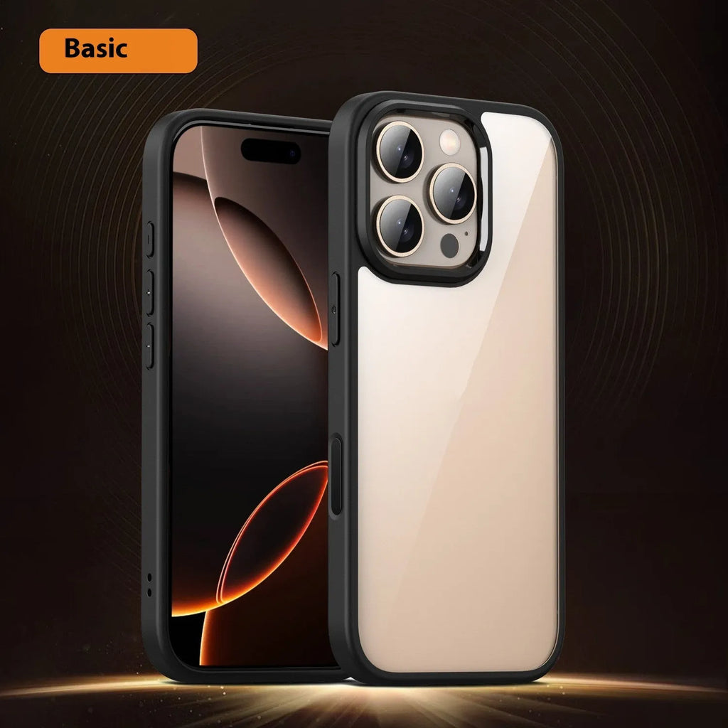 Black magnetic protective case for iPhone 16 series on a table, showing basic style design.