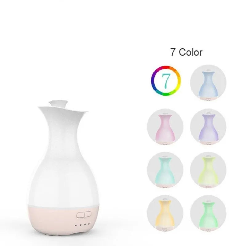 White or pink ultrasonic aromatherapy vase humidifier with colourful night light and essential oil diffuser