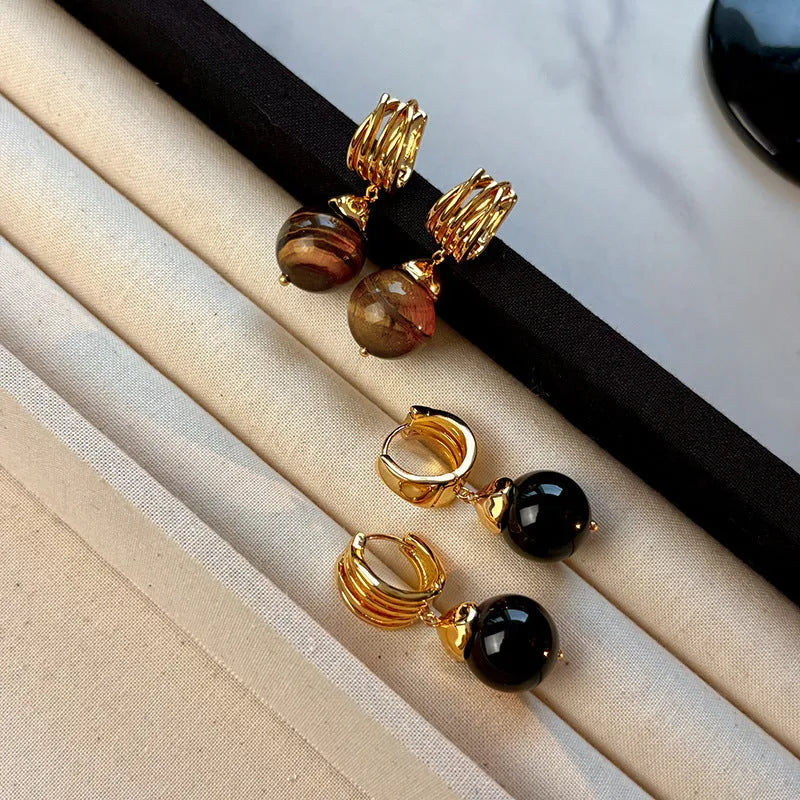 Gold-plated geometric earrings with tigereye stone beads in French retro style
