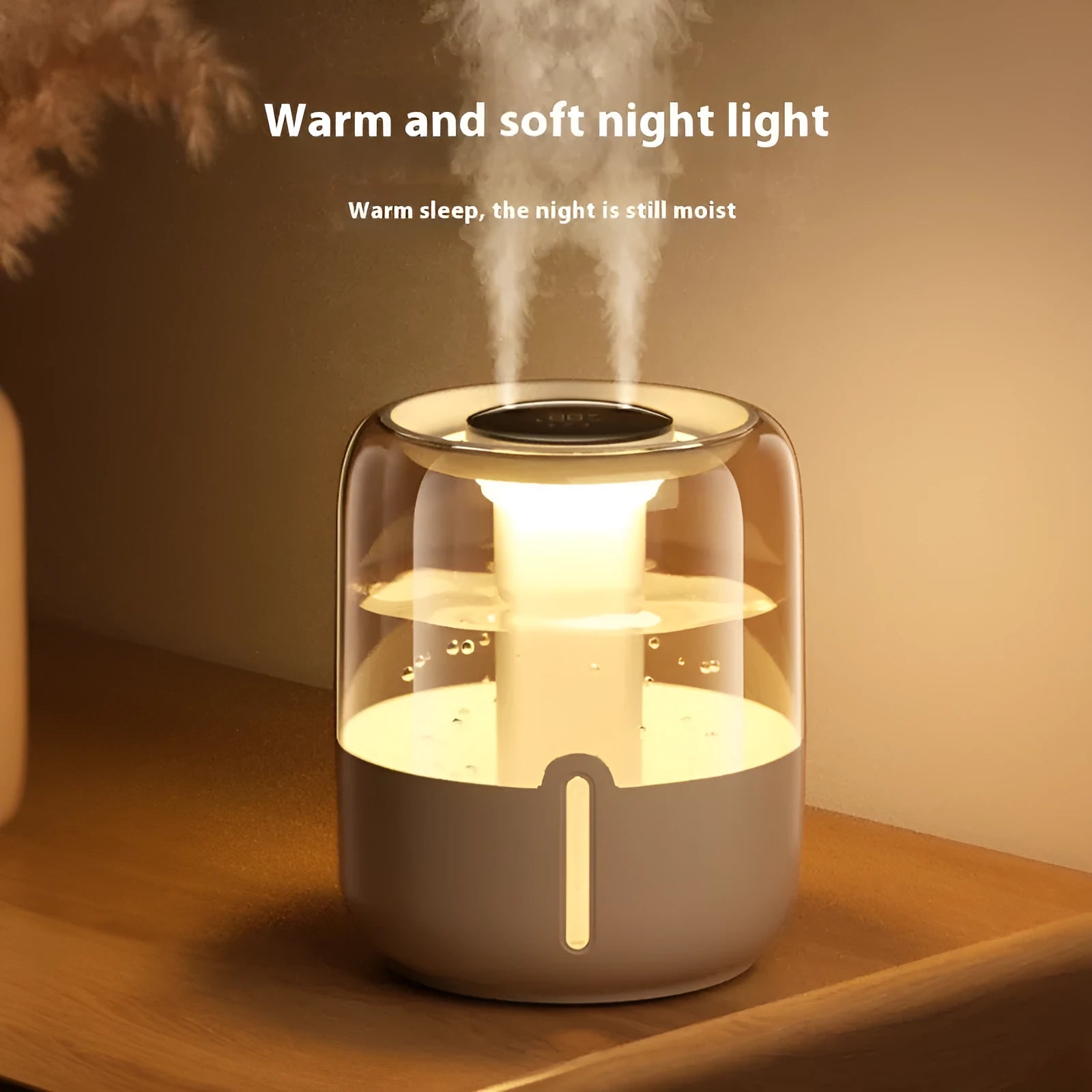 Beige round USB humidifier with dual spray nozzles and humidity display
