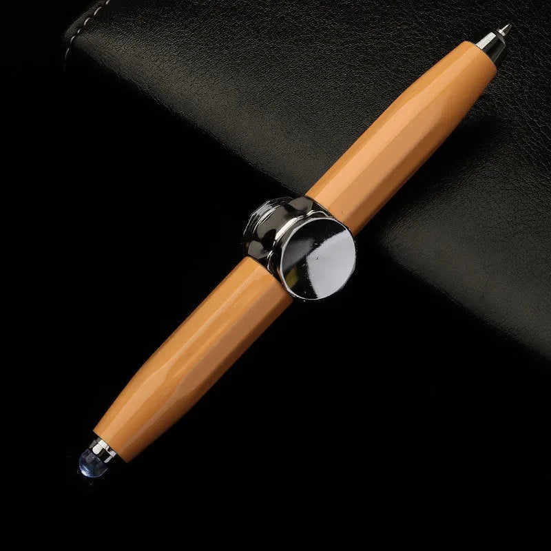 Metal ballpoint pen with integrated LED gyro spinner showing colour-changing lights during spinning
