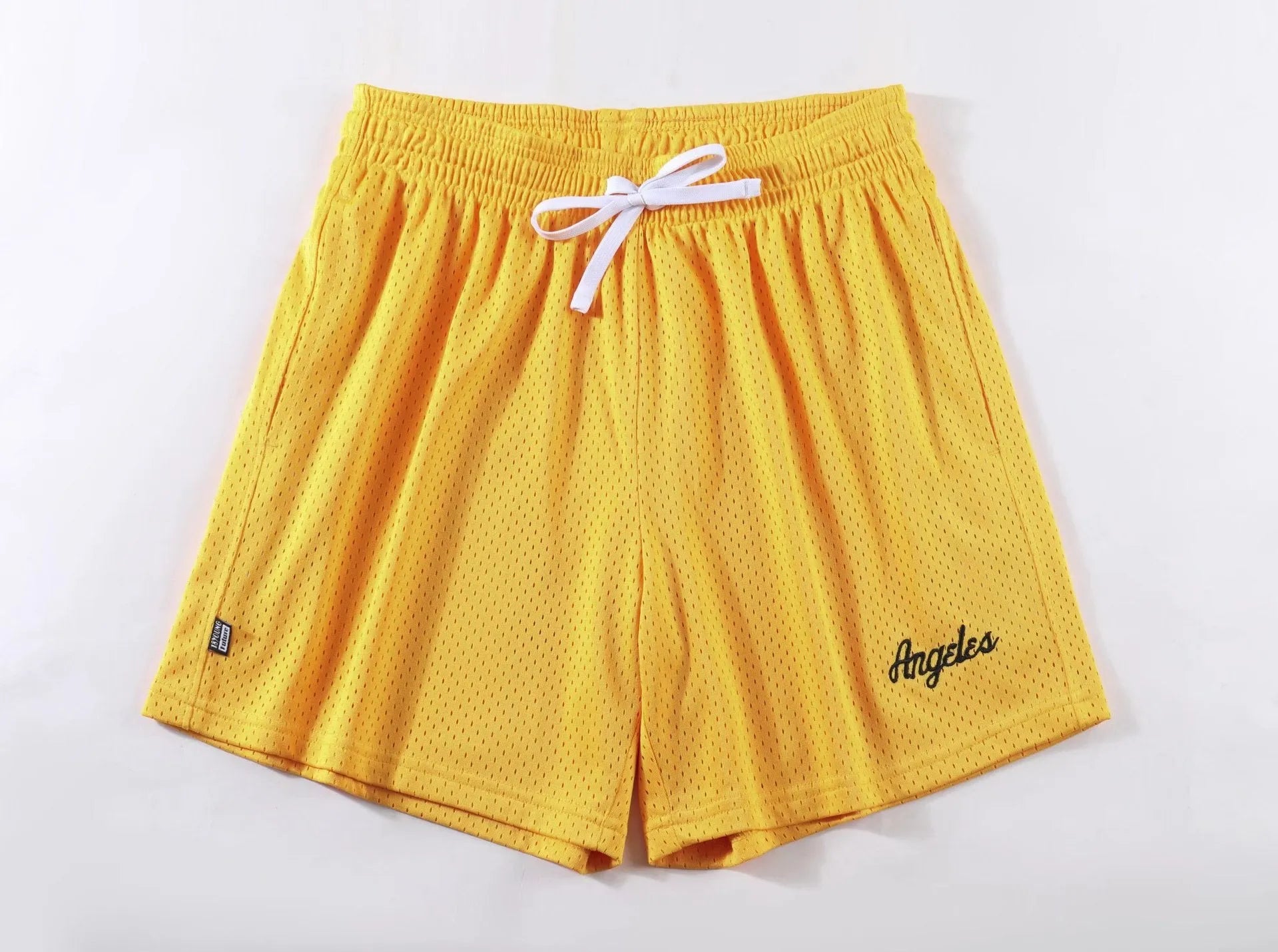 Men's black double-layer mesh sport shorts on a white background