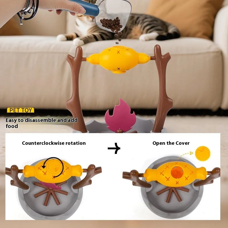 Barbecue-style plastic cat tumbling food feeder toy with multiple openings for treat dispensing