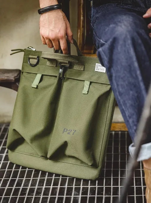 Marden Tooling Helmet canvas crossbody messenger bag in military green with laptop compartment
