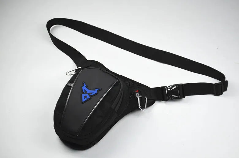 Motorcycle leg bag in red blue green grey colours with adjustable depth and crossbody shoulder waist carry options