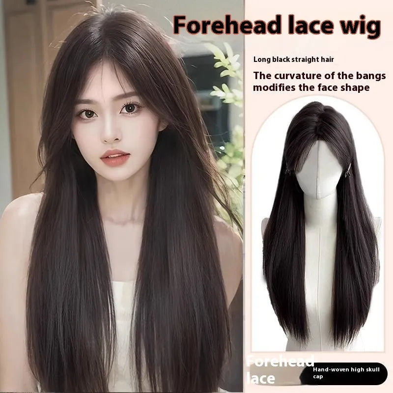 Forehead lace long straight full-head wig with side bangs in high temperature fibre material