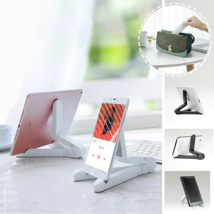 Black foldable aluminium tablet holder shown open and folded flat next to a smartphone