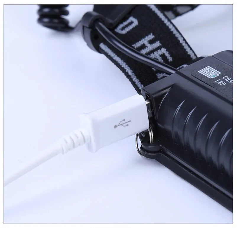 Outdoor head torch with adjustable strap and LED light providing long-range beam for camping