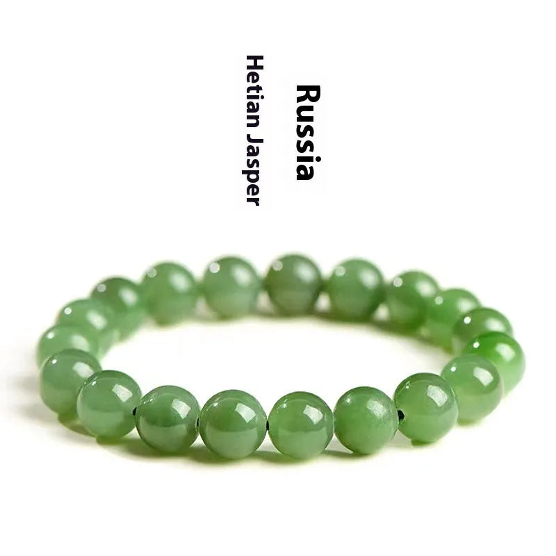 Natural Jasper Hetian jade bead bracelet in various sizes on a white background.
