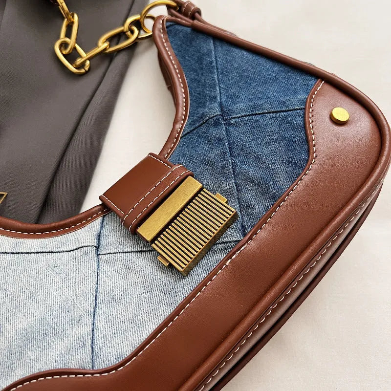 Brown denim women's shoulder bag with diamond chain straps and bucket shape design
