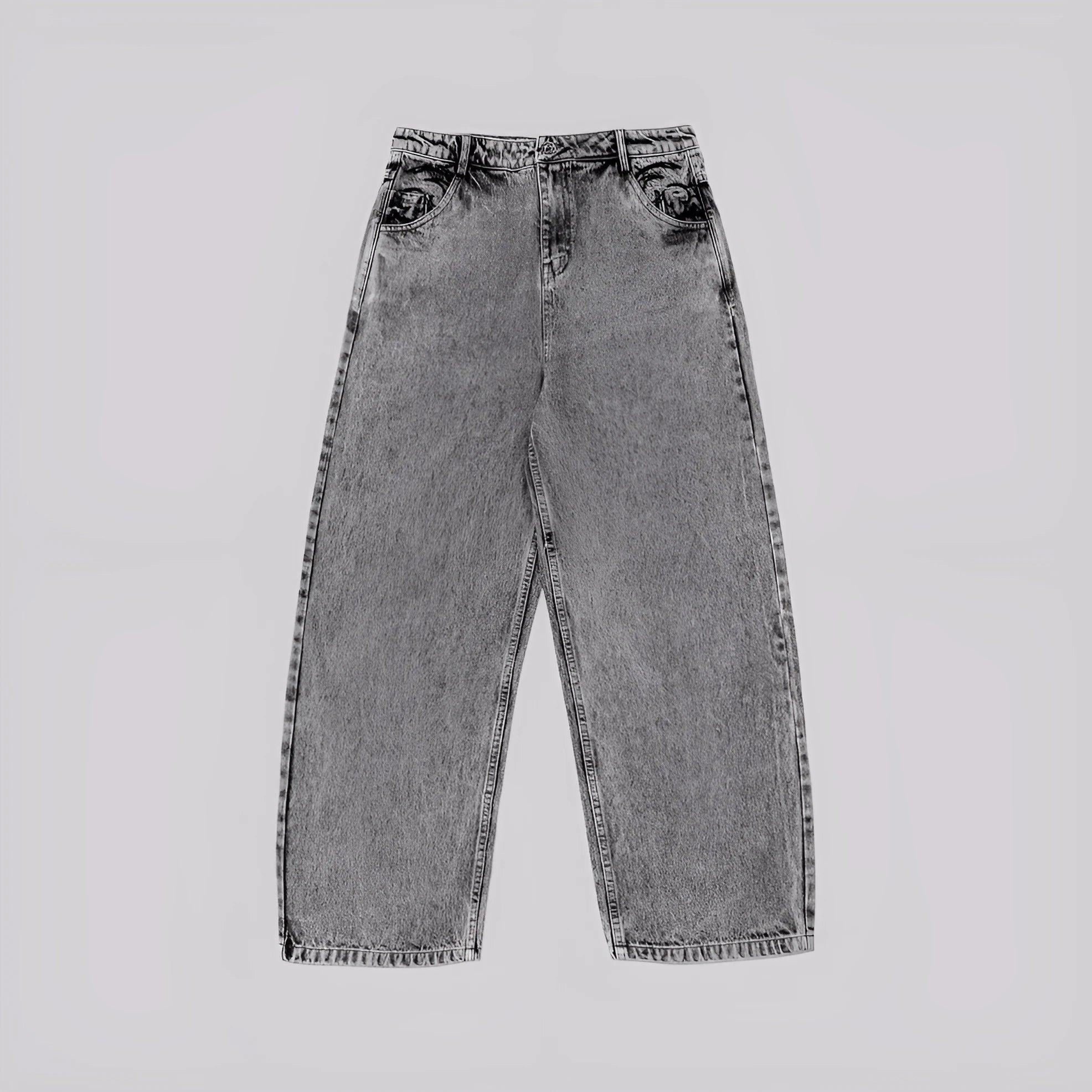 Grey loose straight-leg cotton denim trousers for men and women on a hanger