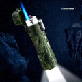 TH727 multi-function metal flashlight lighter showing colour options: black, blue, camouflage, red, yellow