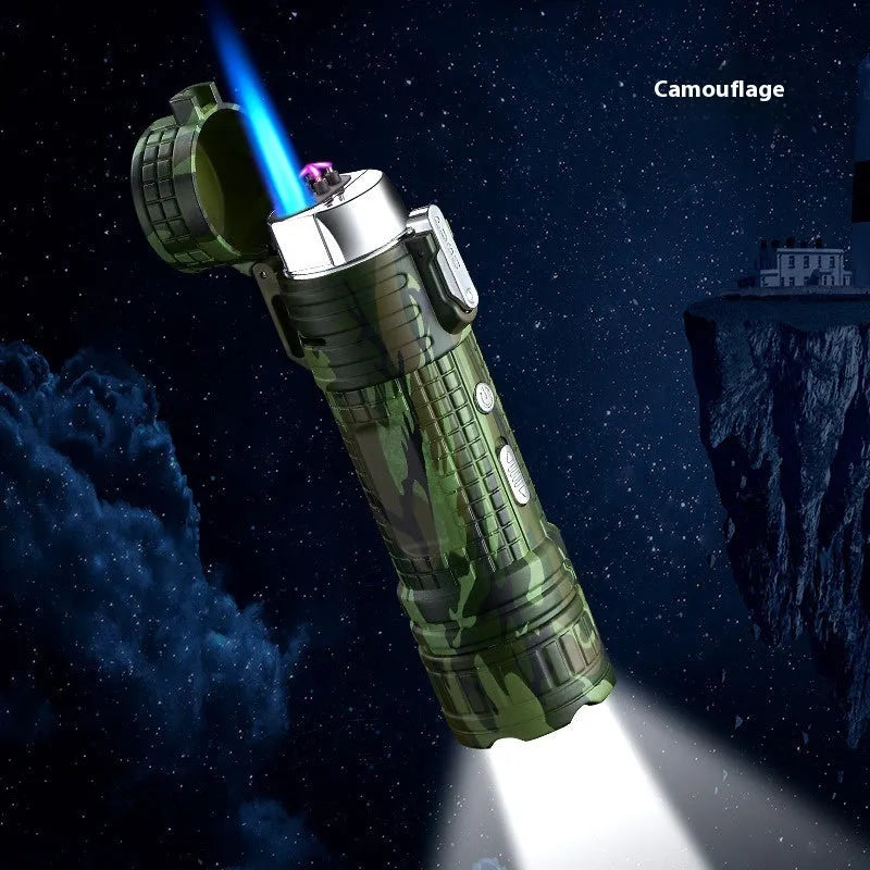 TH727 multi-function metal flashlight lighter showing colour options: black, blue, camouflage, red, yellow