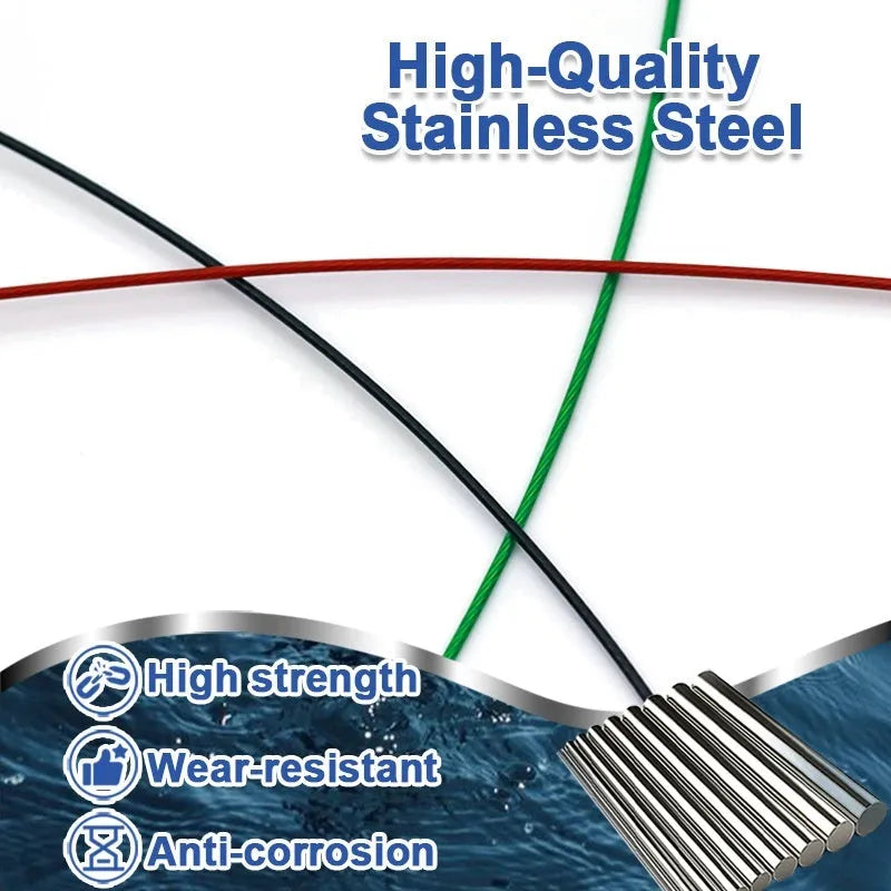 10 anti-bite steel wire fishing double buckle pins in green black red colours measuring 54cm long