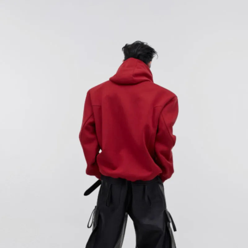 Men's black hooded sweater with metal three-dimensional printing and structural shoulder pads