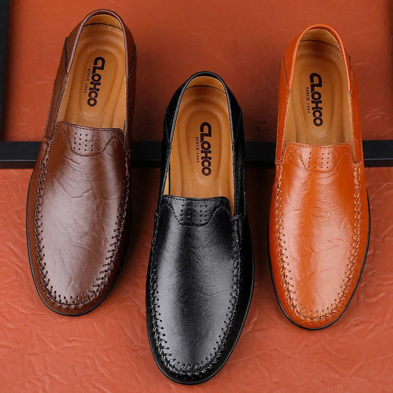 Men's brown leather casual shoes with round toe and flat rubber sole