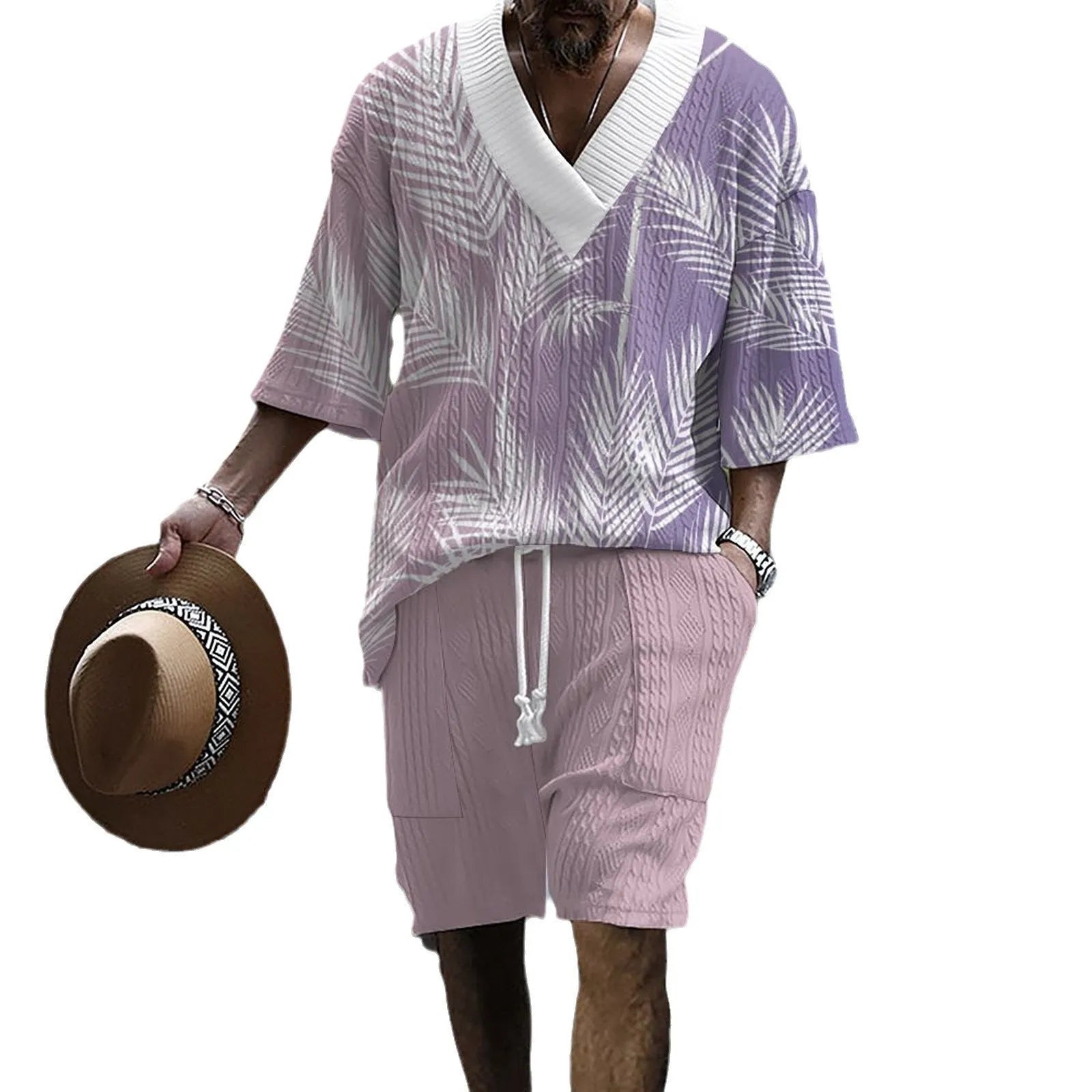 Men's grey printed knitted shorts suit with drop-shoulder short-sleeved top on a hanger.