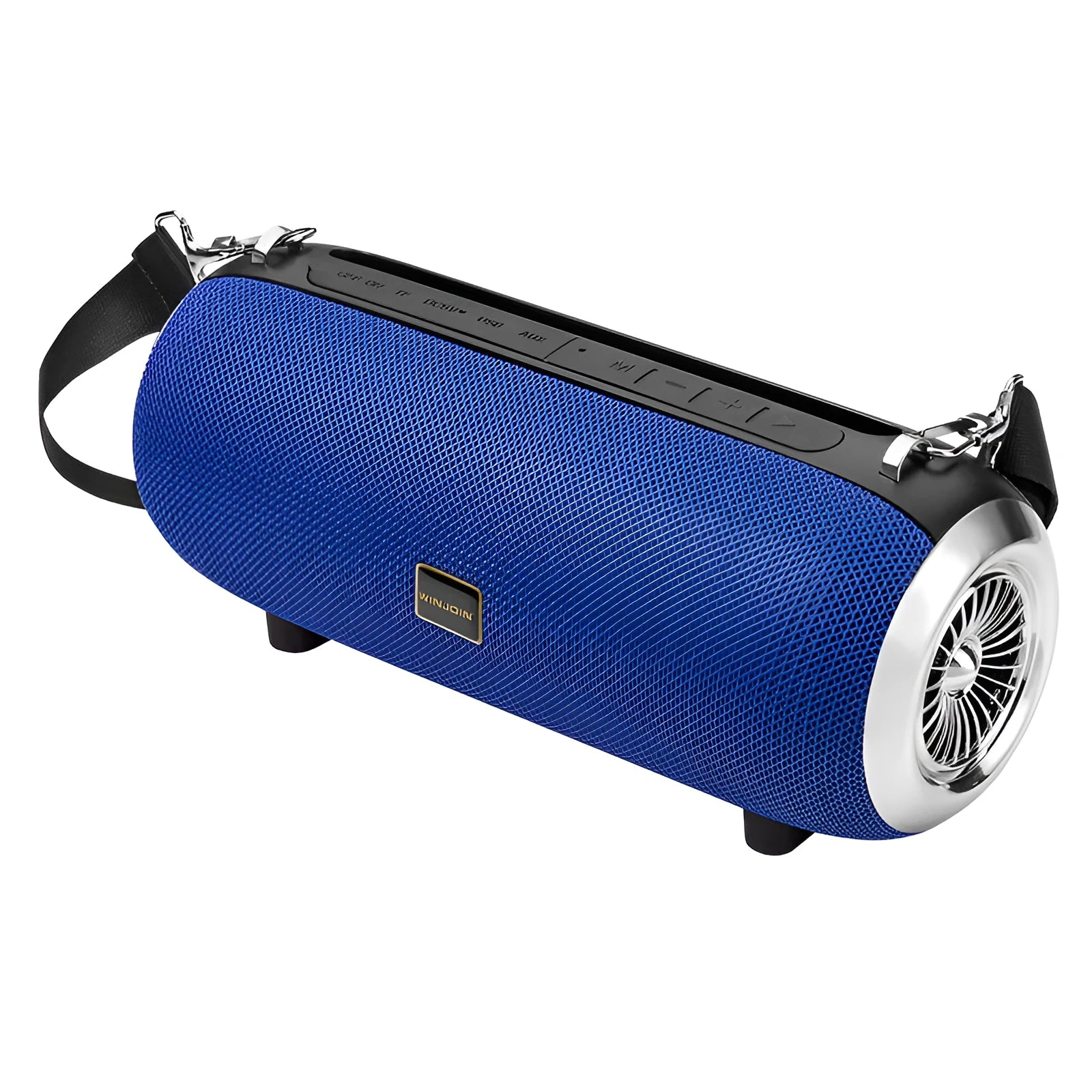 F666 portable fabric Bluetooth speaker with shoulder strap and mobile phone stand, shown in black, blue, camouflage, or red.