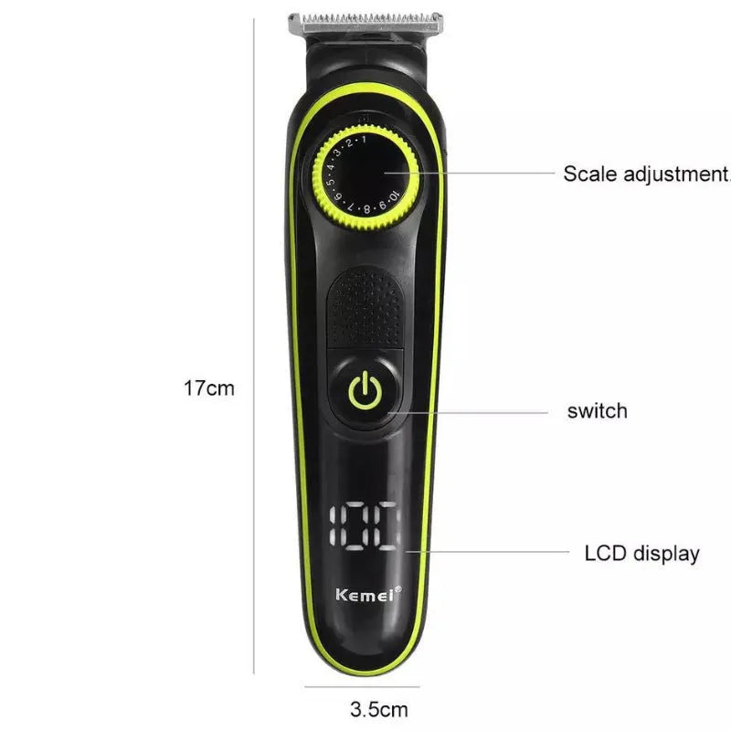 Black KM-696 rechargeable electric hair clipper with USB charging cable and cleaning brush
