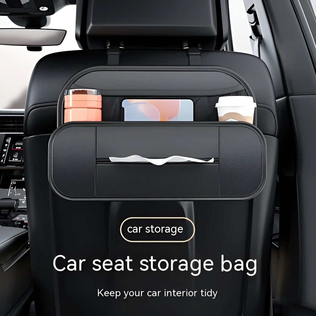 Black leather car seat back storage bag with customisable compartments measuring 36cm wide