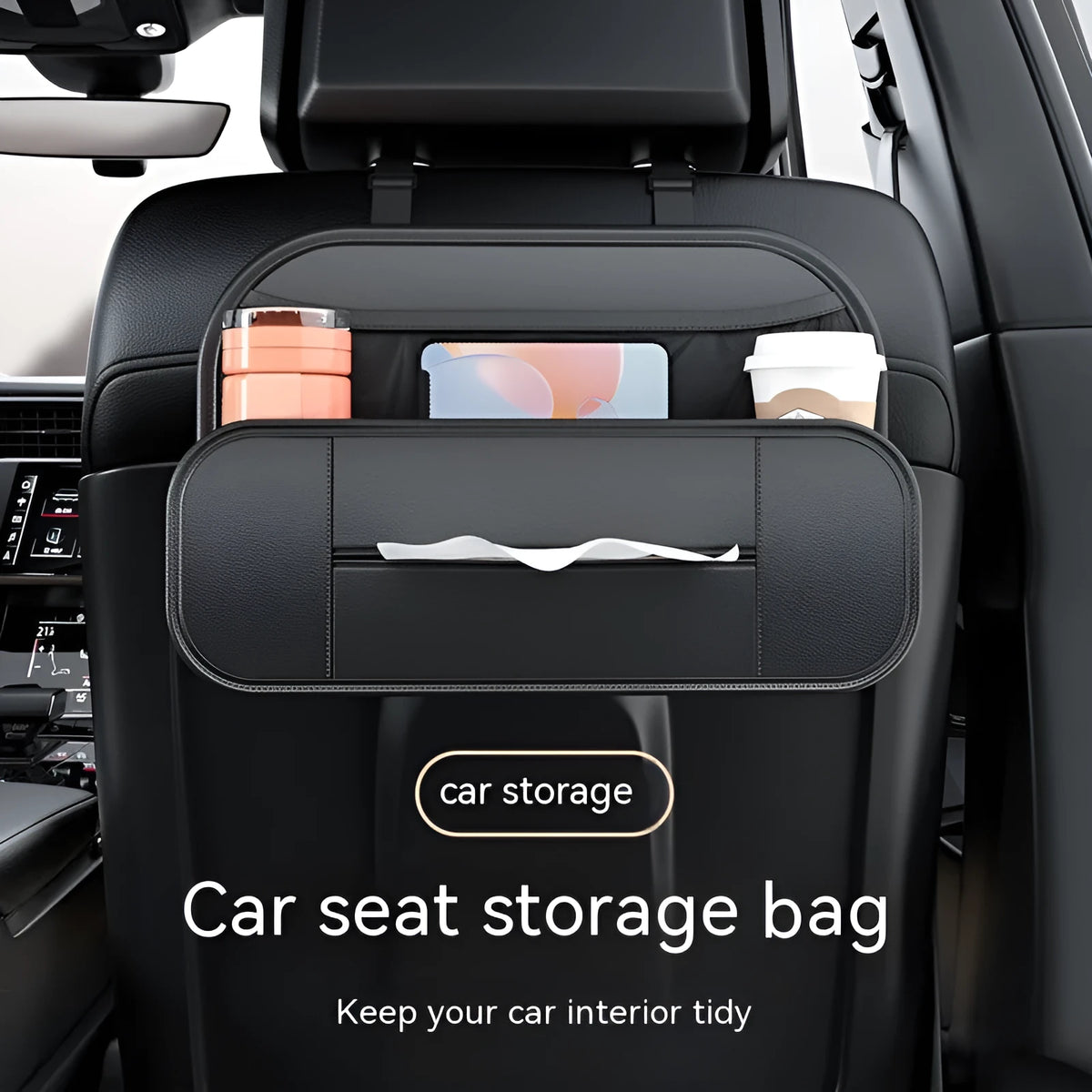 Black leather car seat back storage bag with customisable compartments measuring 36cm wide