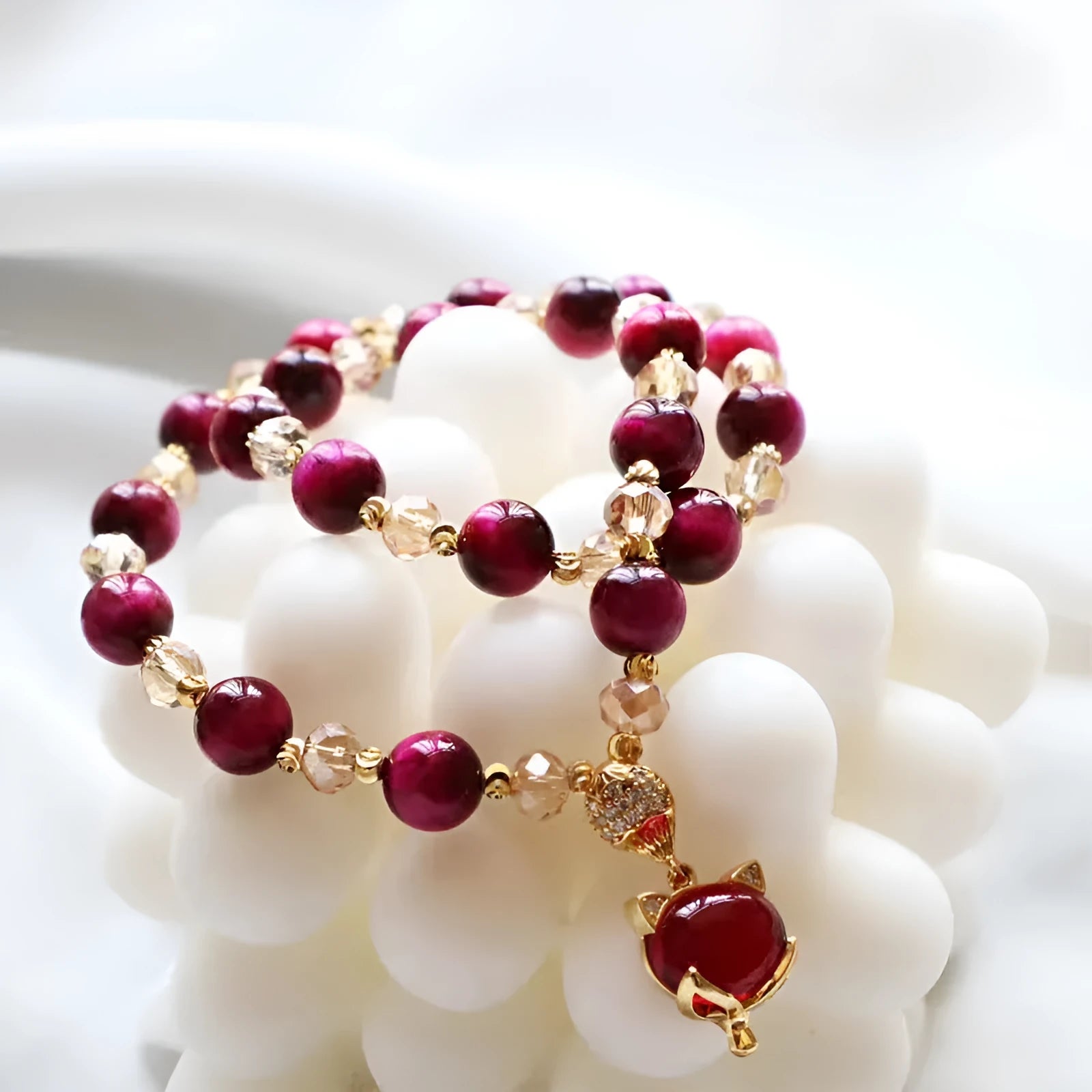Handmade Tigereye stone bracelet on adjustable chain with fox charm pendant