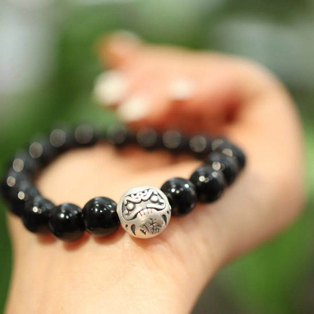 Black agate bracelet with sterling silver components in Chinese jewellery style