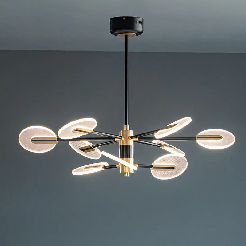 Nordic style iron and acrylic LED chandelier pendant lamp with multiple heads.