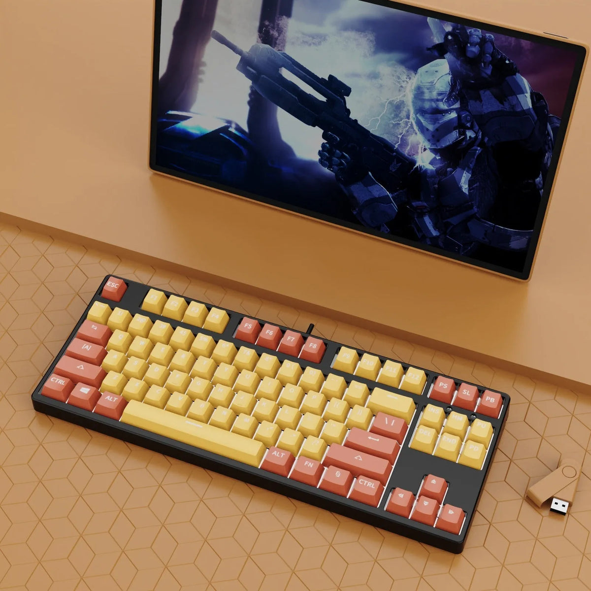 87-key wired mechanical keyboard with hot-swappable switches showing two-tone colour options